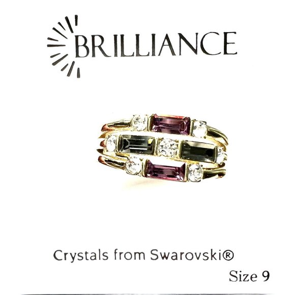 NIB NWT Brilliance Swarovski Mulit-Row Baguette Ring Green Purple Gold M… - Picture 3 of 10
